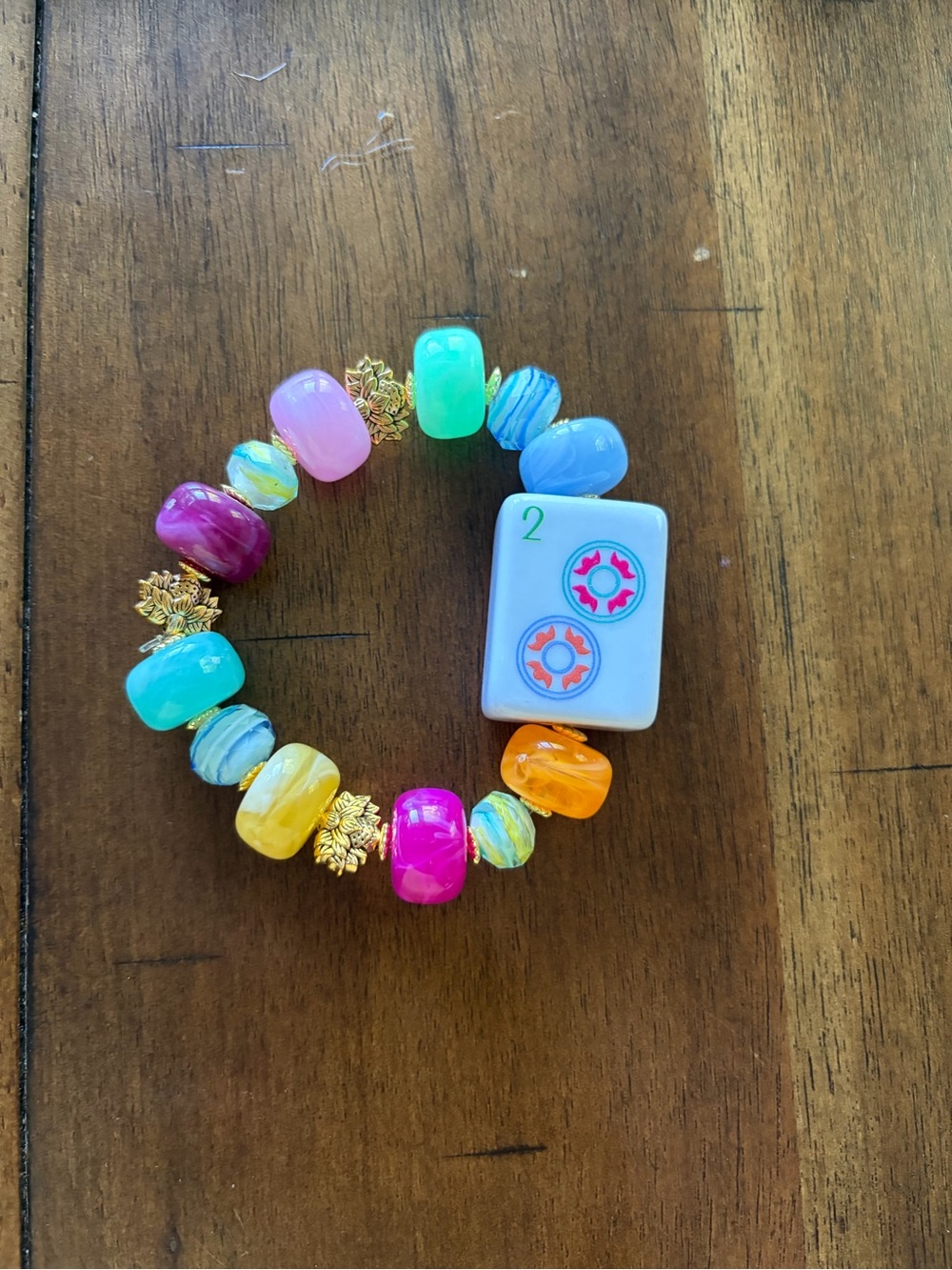 Colorful Beaded Stretch Bracelet with Mahjong Tile Accent